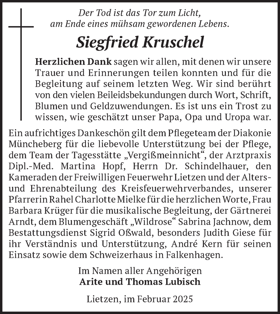  Traueranzeige für Siegfried Kruschel vom 08.03.2025 aus Märkische Oderzeitung