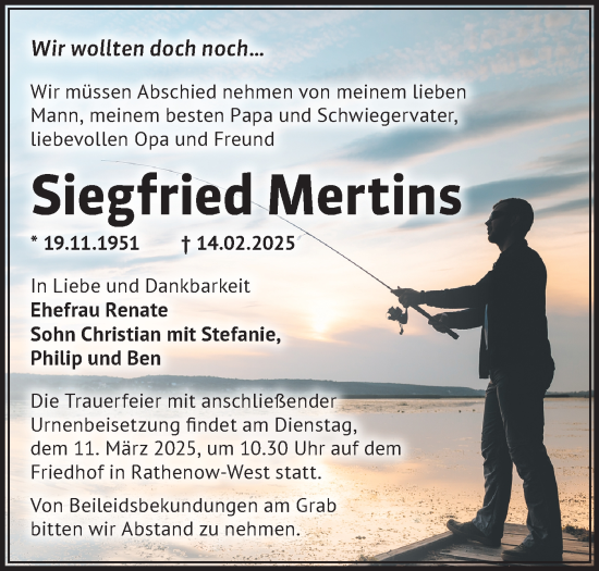 Traueranzeige von Siegfried Mertins von Märkische Oderzeitung