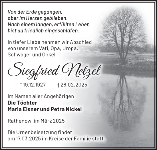 Traueranzeige von Siegfried Netzel von Märkische Oderzeitung