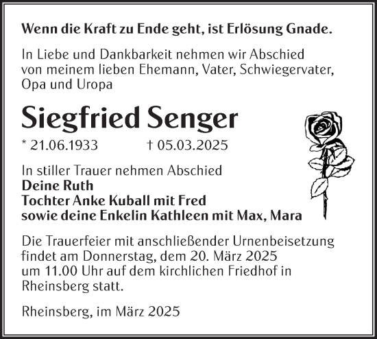 Traueranzeige von Siegfried Senger von Märkische Oderzeitung