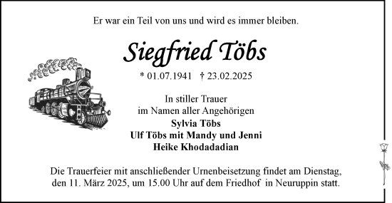 Traueranzeige von Siegfried Töbs von Märkische Oderzeitung