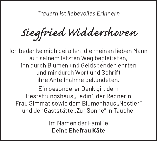 Traueranzeige von Siegfried Widdershoven von Märkische Oderzeitung
