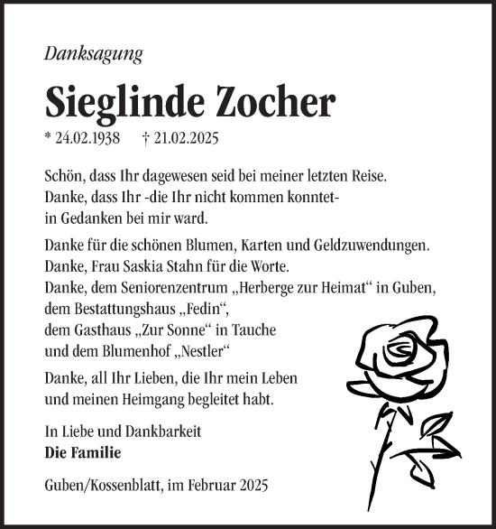Traueranzeige von Sieglinde Zocher von Märkische Oderzeitung