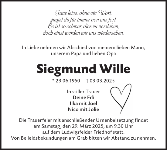 Traueranzeige von Siegmund Wille von Märkische Oderzeitung