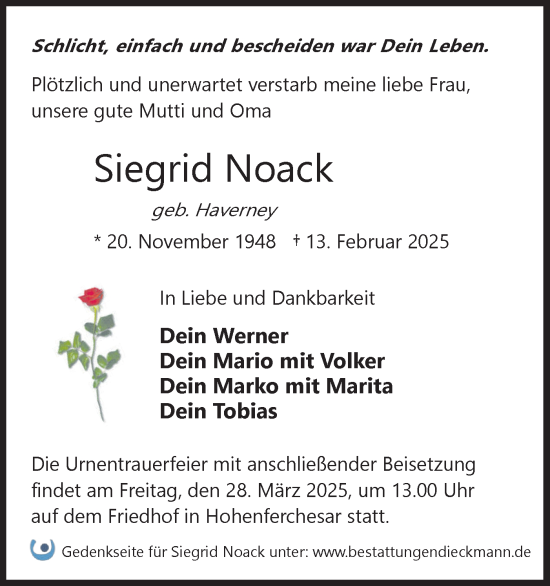 Traueranzeige von Siegrid Noack von Märkische Oderzeitung