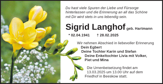 Traueranzeige von Sigrid Langhof von Märkische Oderzeitung