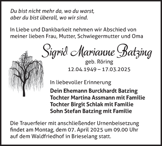 Traueranzeige von Sigrid Marianne Batzing von Märkische Oderzeitung