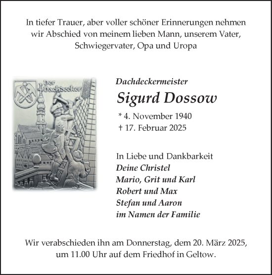 Traueranzeige von Sigurd Dossow von Märkische Oderzeitung