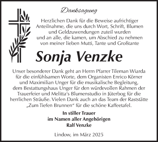 Traueranzeige von Sonja Venzke von Märkische Oderzeitung