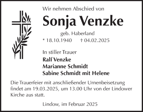 Traueranzeige von Sonja Venzke von Märkische Oderzeitung