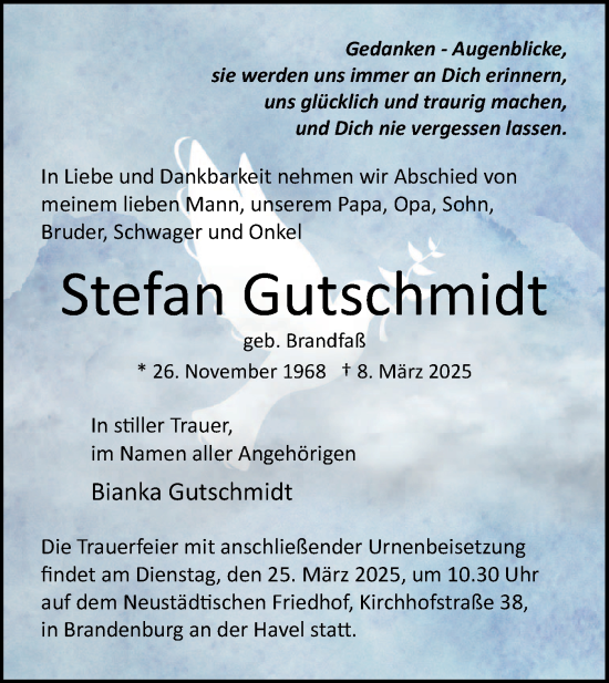 Traueranzeige von Stefan Gutschmidt von Märkische Oderzeitung