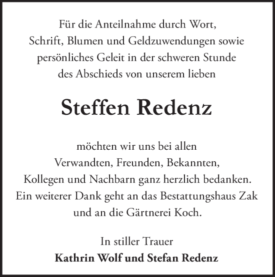 Traueranzeige von Steffen Redenz von Märkische Oderzeitung