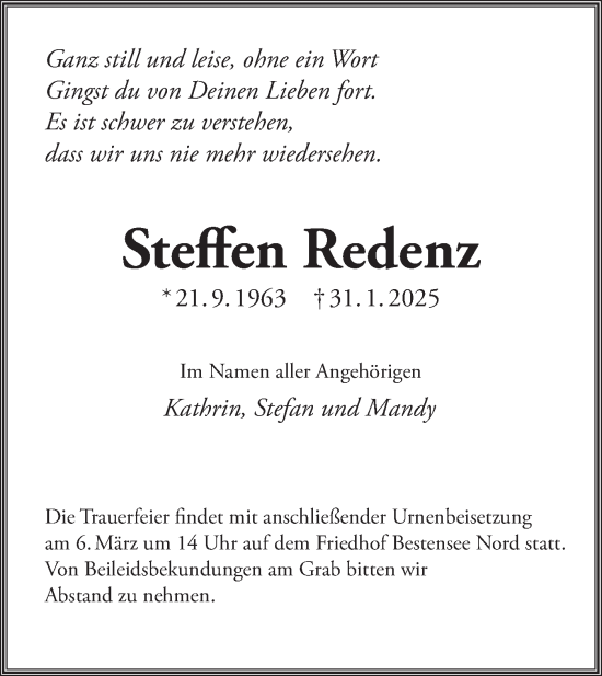 Traueranzeige von Steffen Redenz von Märkische Oderzeitung