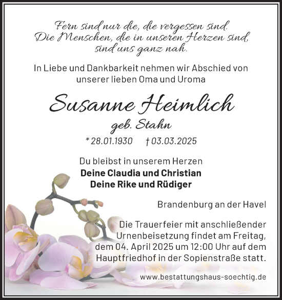 Traueranzeige von Susanne Heimlich von Märkische Oderzeitung