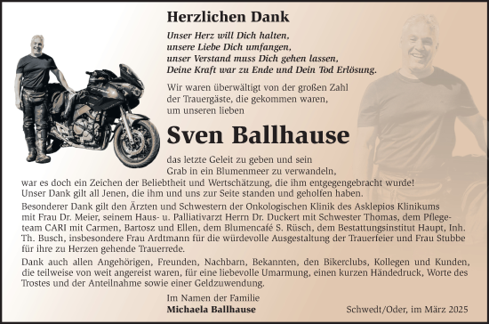 Traueranzeige von Sven Ballhause von Märkische Oderzeitung