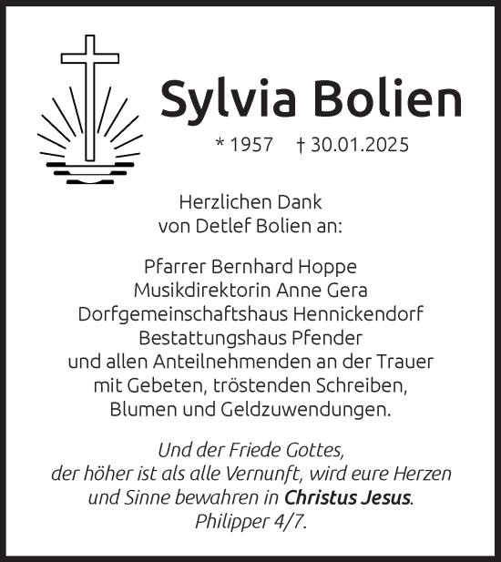 Traueranzeige von Sylvia Bolien von Märkische Oderzeitung