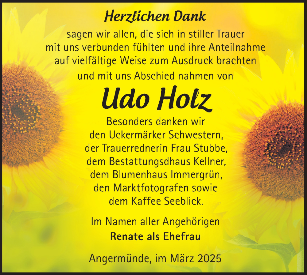  Traueranzeige für Udo Holz vom 29.03.2025 aus Märkische Oderzeitung