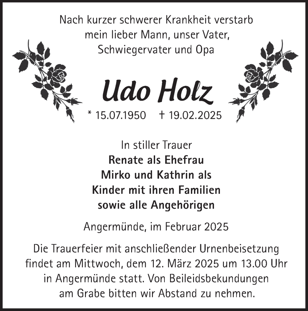  Traueranzeige für Udo Holz vom 01.03.2025 aus Märkische Oderzeitung