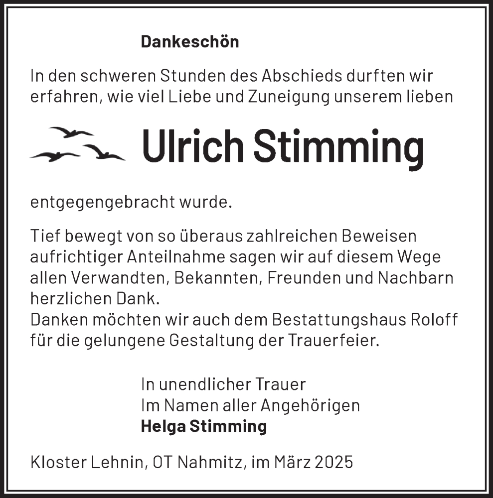  Traueranzeige für Ulrich Stimming vom 08.03.2025 aus Märkische Oderzeitung