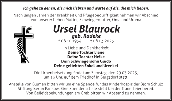 Traueranzeige von Ursel Blaurock von Märkische Oderzeitung