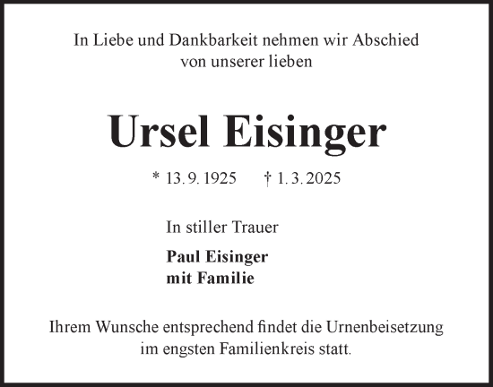 Traueranzeige von Ursel Eisinger von Märkische Oderzeitung