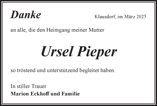 Traueranzeige von Ursel Pieper von Märkische Oderzeitung