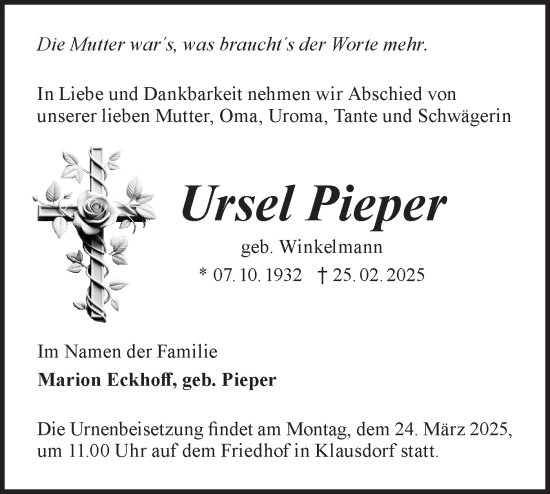 Traueranzeige von Ursel Pieper von Märkische Oderzeitung
