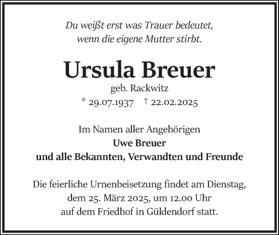 Traueranzeige von Ursula Breuer von Märkische Oderzeitung