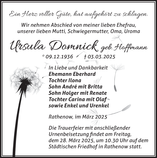 Traueranzeige von Ursula Domnick von Märkische Oderzeitung