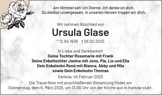 Traueranzeige von Ursula Glase von Märkische Oderzeitung
