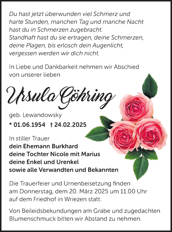 Traueranzeige von Ursula Göhring von Märkische Oderzeitung