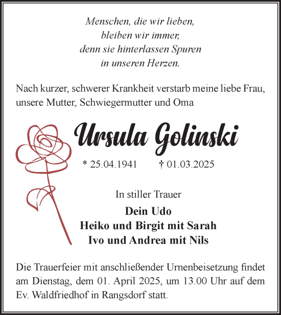 Traueranzeige von Ursula Golinski von Märkische Oderzeitung