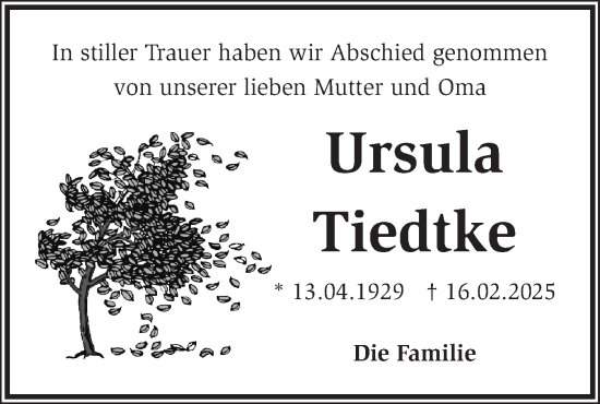 Traueranzeige von Ursula Tiedtke von Märkische Oderzeitung