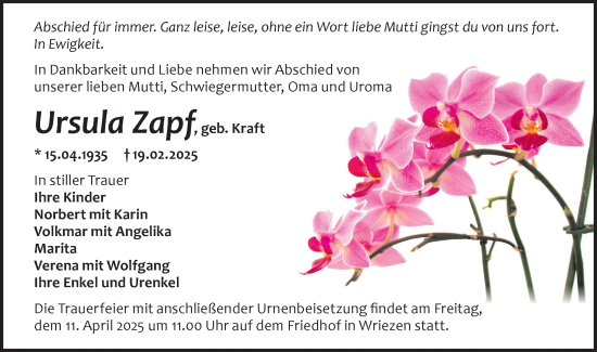 Traueranzeige von Ursula Zapf von Märkische Oderzeitung
