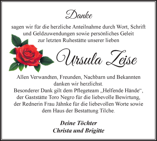 Traueranzeige von Ursula Zeise von Märkische Oderzeitung