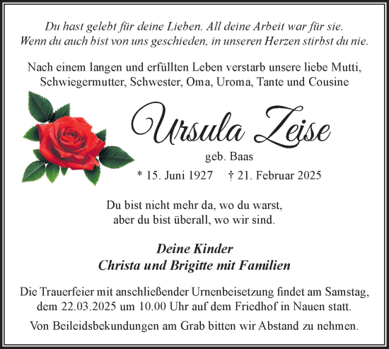 Traueranzeige von Ursula Zeise von Märkische Oderzeitung