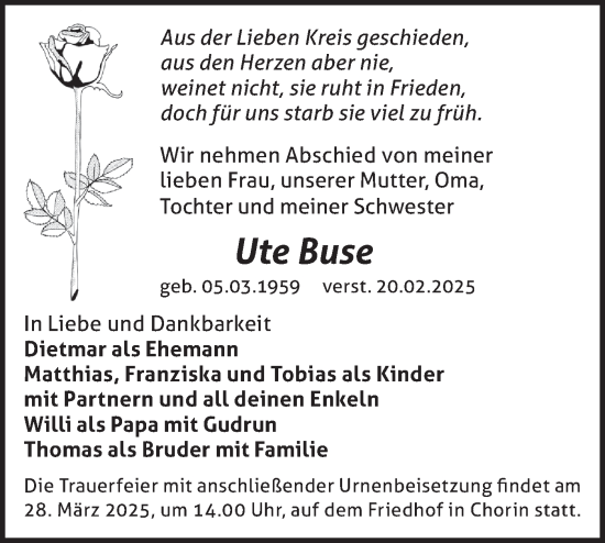 Traueranzeige von Ute Buse von Märkische Oderzeitung