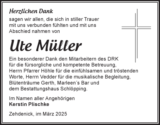 Traueranzeige von Ute Müller von Märkische Oderzeitung