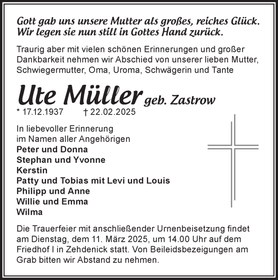 Traueranzeige von Ute Müller von Märkische Oderzeitung