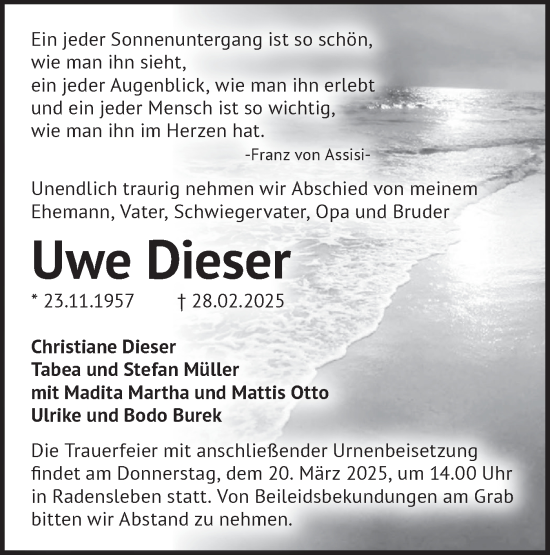 Traueranzeige von Uwe Dieser von Märkische Oderzeitung