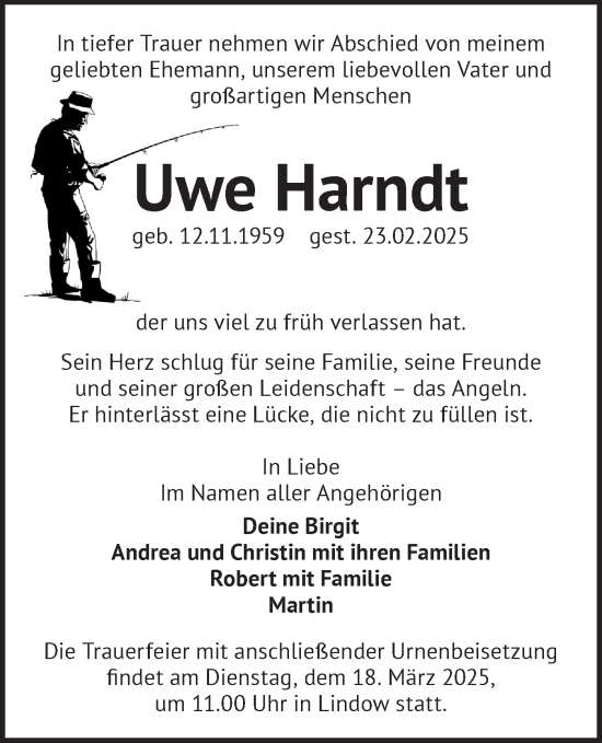 Traueranzeige von Uwe Harndt von Märkische Oderzeitung