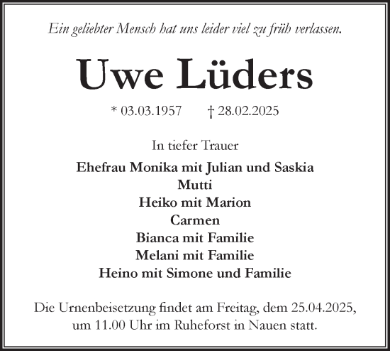 Traueranzeige von Uwe Lüders von Märkische Oderzeitung