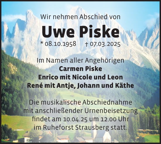 Traueranzeige von Uwe Piske von Märkische Oderzeitung
