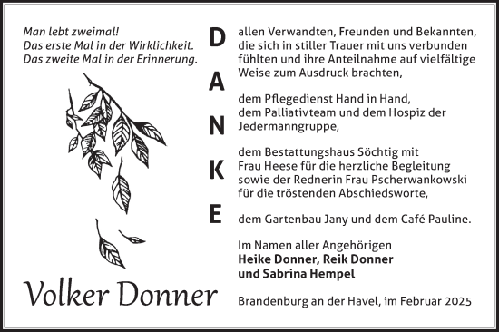 Traueranzeige von Volker Donner von Märkische Oderzeitung