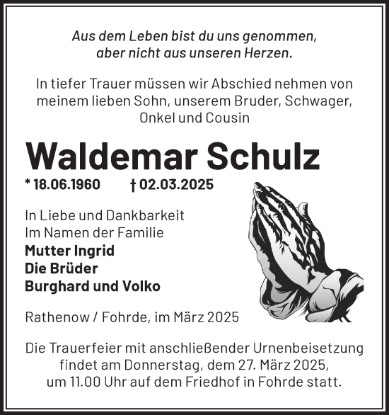 Traueranzeige von Waldemar Schulz von Märkische Oderzeitung
