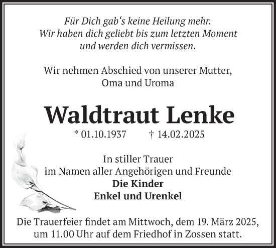 Traueranzeige von Waldtraut Lenke von Märkische Oderzeitung
