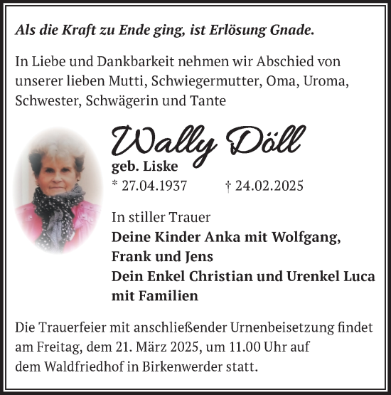 Traueranzeige von Wally Döll von Märkische Oderzeitung