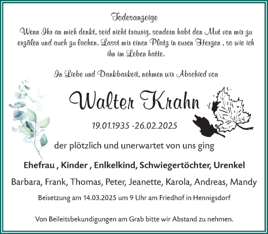 Traueranzeige von Walter Krahn von Märkische Oderzeitung