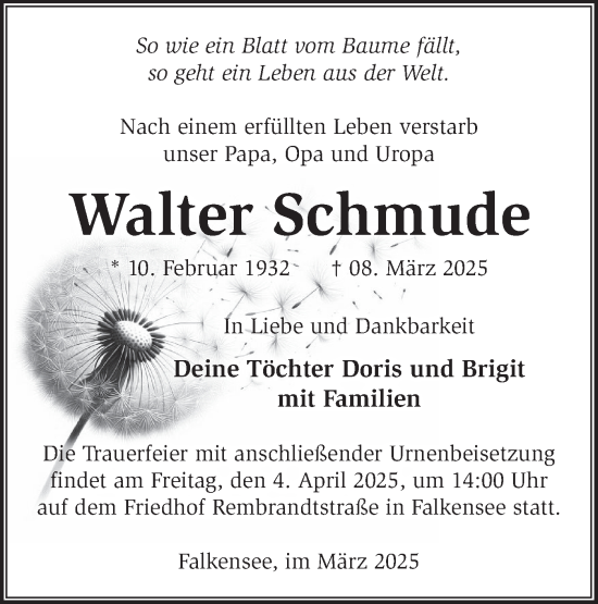 Traueranzeige von Walter Schmude von Märkische Oderzeitung