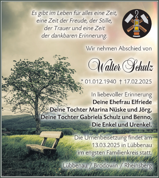 Traueranzeige von Walter Schulz von Märkische Oderzeitung